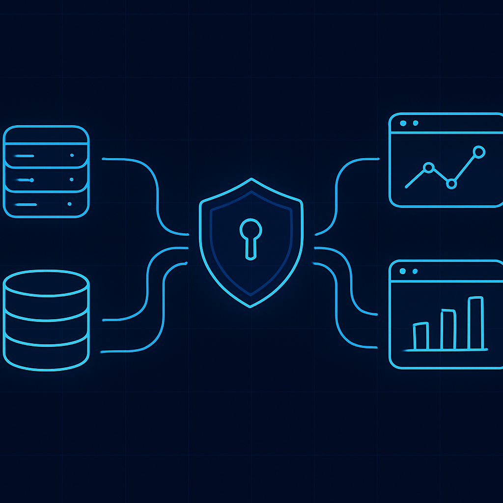 Diagram showing data sources flowing through a secure tunnel into Gamma Analytics dashboards